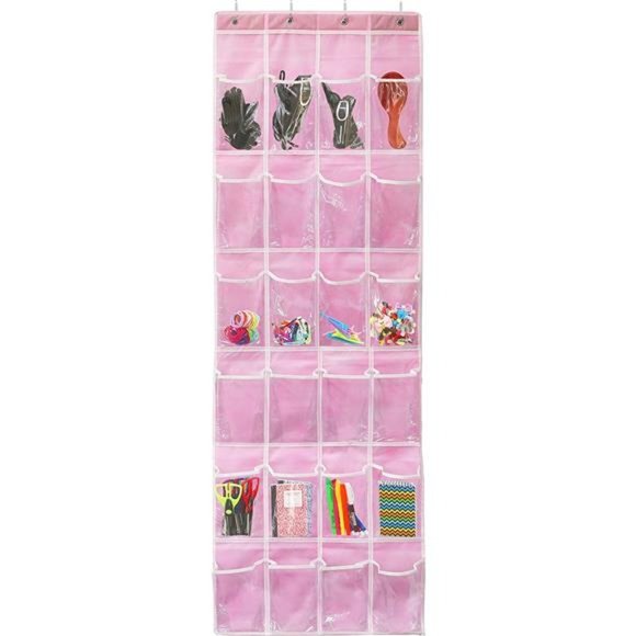 24 Pockets Crystal Clear Over The Door Hanging Shoe Organizer Pink - Picture 4 of 5